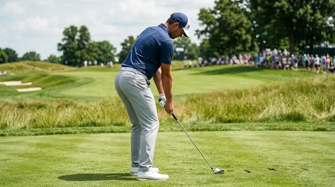 Golfista profesional preparando swing en campo de campeonato